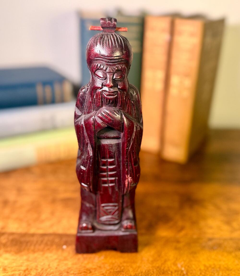 Carved Wood Asian Scholar Figure – Red Lacquered Statue (8”)